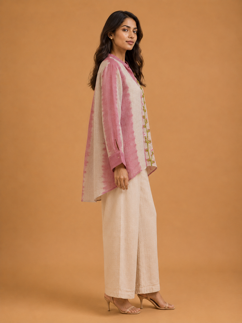 Pink & Beige Tie-Dye Embroidered Shirt