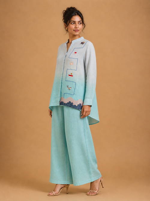 Turquoise Ombré Embroidered Shirt
