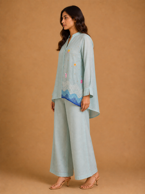 Blue Knot Wave Embroidered Shirt
