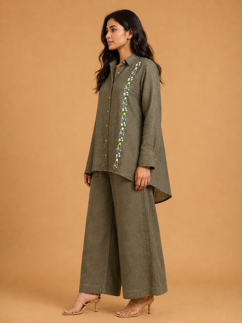 Olive Green Floral Vine Embroidered Shirt