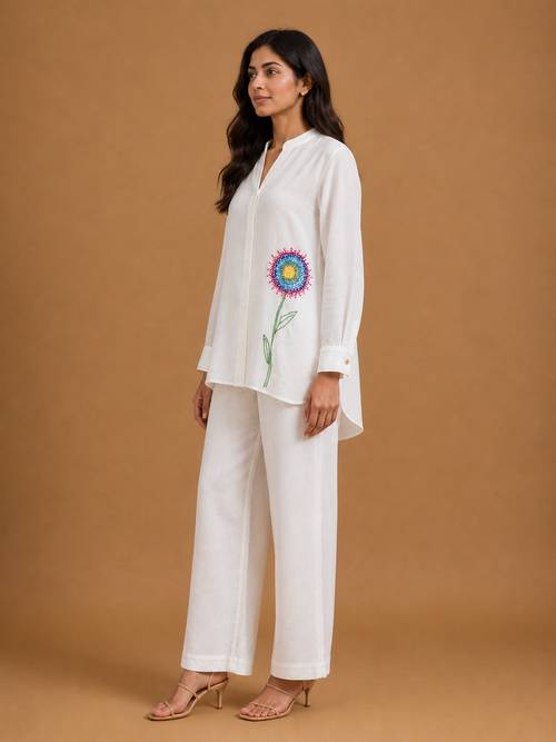 White Beaded Flower Ombré Shirt