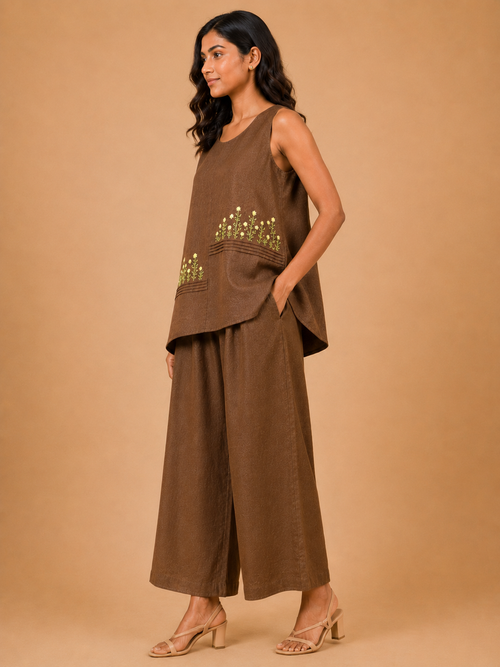 Brown Wildflower Embroidered Co-Ord Set