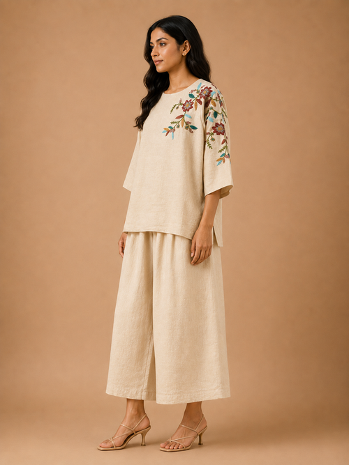 Beige Floral Embroidered Co-Ord Set