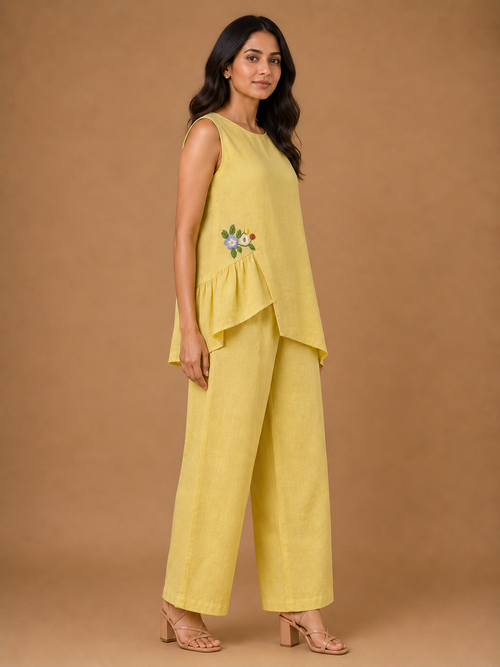 Yellow Floral Embroidered Asymmetric Co-Ord Set