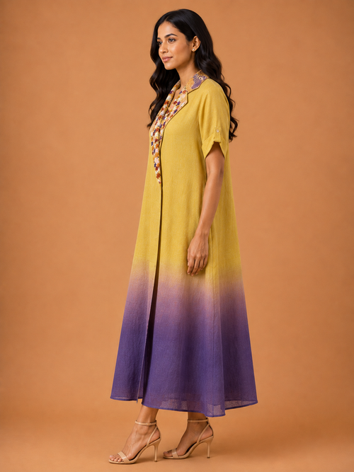 Yellow & Purple Ombré Embroidered Collar Dress