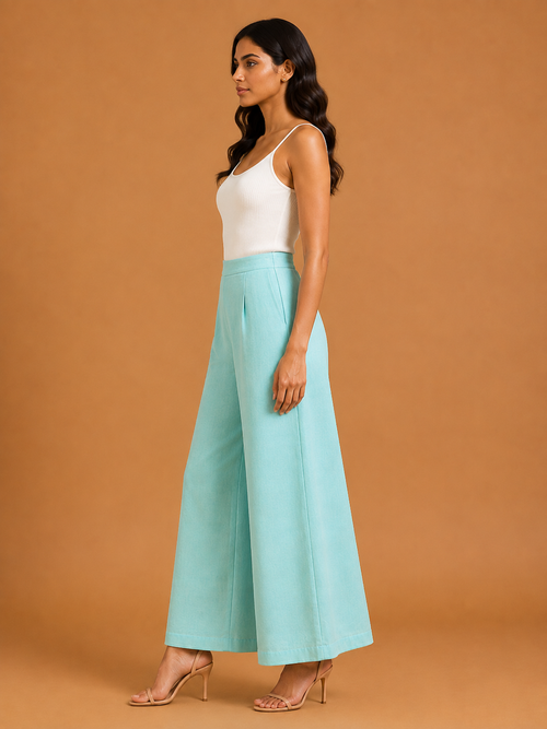 Turquoise Blue Relaxed Fit Linen Trouser