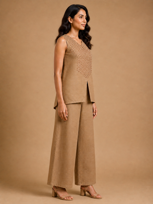 Tan French Knot Yoke Co-Ord Set