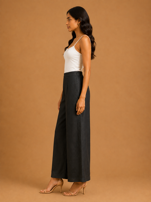 Black Relaxed Fit Linen Trouser