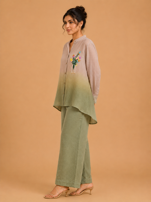 Olive Ombré Floral Embroidered Shirt