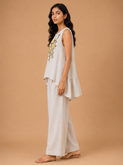 Beige Sunflower Embroidered Co-Ord Set