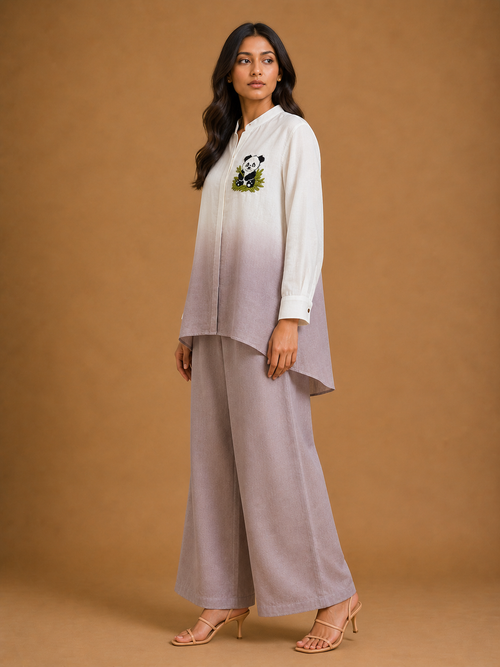 White & Mauve Ombré Panda Embroidered Shirt