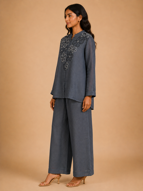 Grey Floral French Knot Co-Ord Set