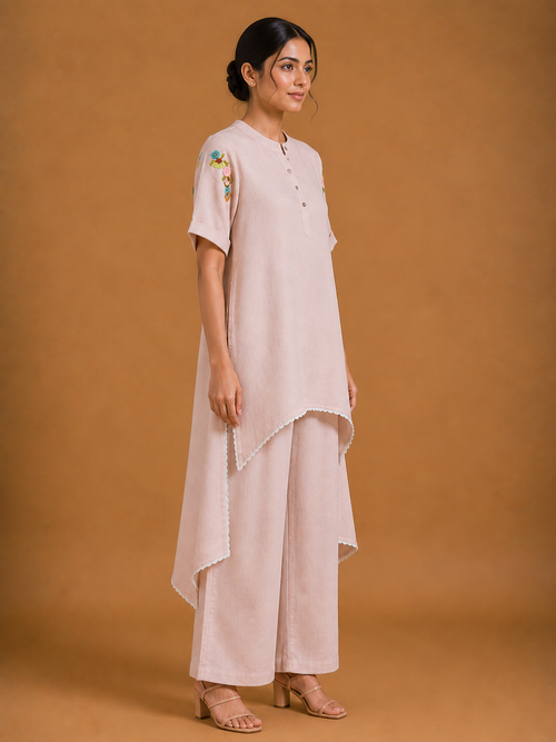 Pale Pink Floral Embroidered Co-Ord Set