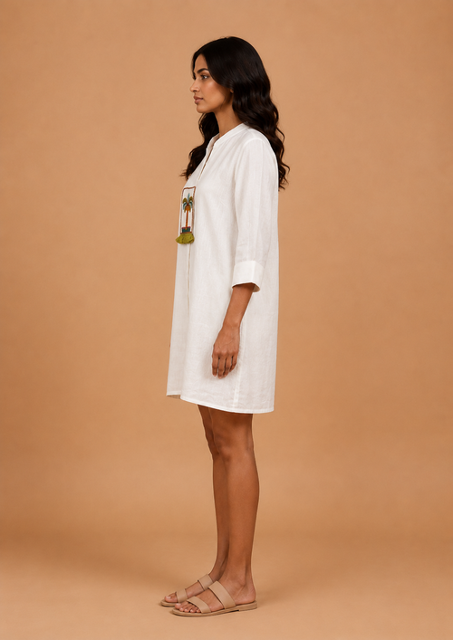 White Embroidered Palm Tree Dress