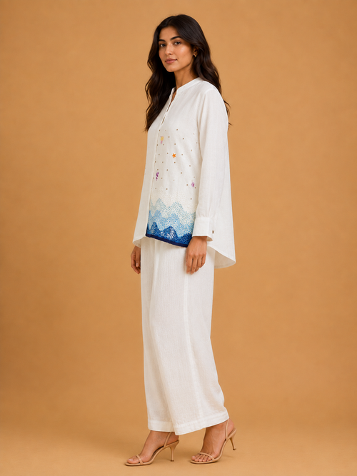 White & Blue Knot Wave Embroidered Shirt