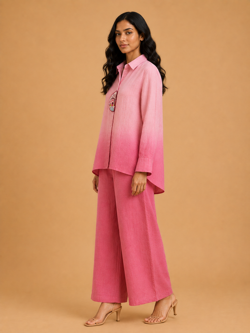 Pink Cherry Blossom Door Embroidered Shirt
