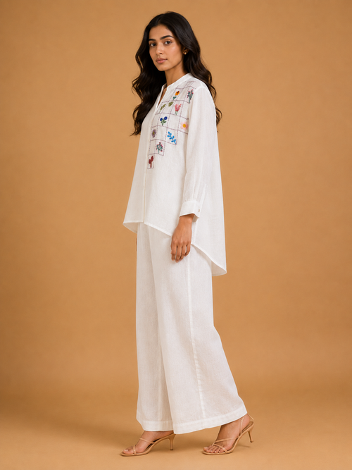 White Grid & Floral Embroidered Shirt