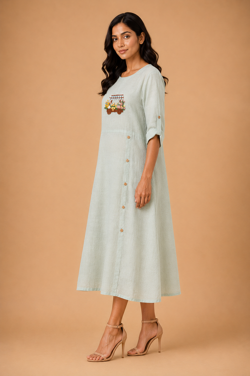 Sage Green Button-Accent Embroidered Dress