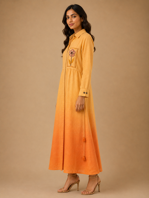 Orange Embroidered Linen Dress