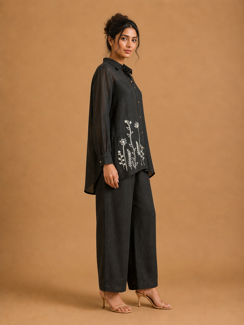 Black White Floral Embroidered Shirt