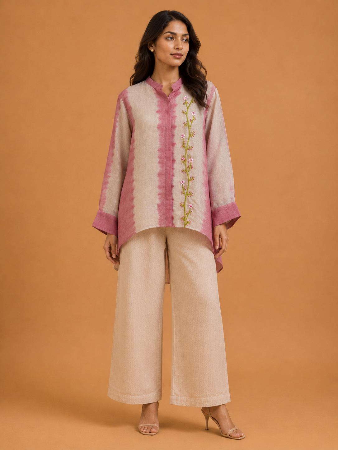 Pink & Beige Tie-Dye Embroidered Shirt