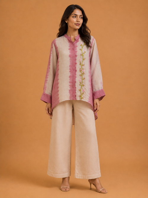 Pink & Beige Tie-Dye Embroidered Shirt