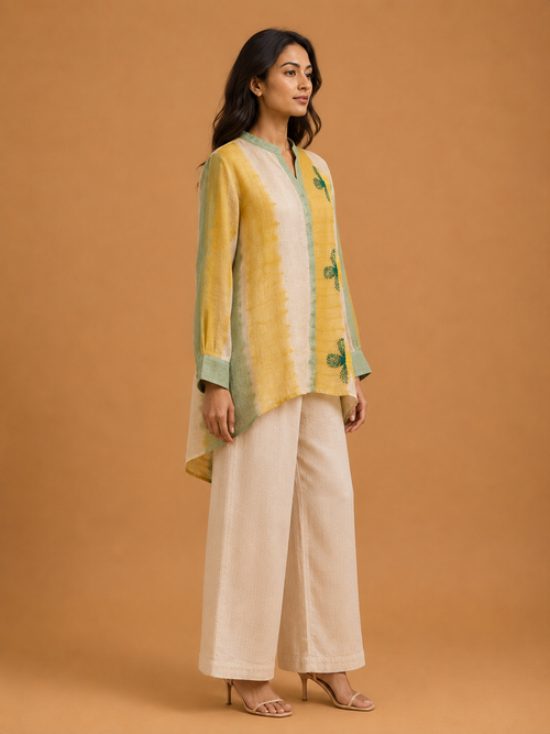 Yellow & Green Tie-Dye Embroidered Shirt