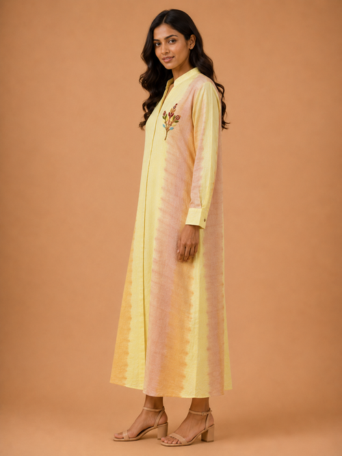 Yellow & Peach Tie-Dye Embroidered Dress