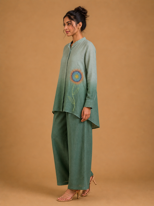 Sage Green Beaded Flower Ombré Shirt