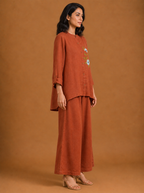 Rust Blue Floral Embroidered Co-Ord Set
