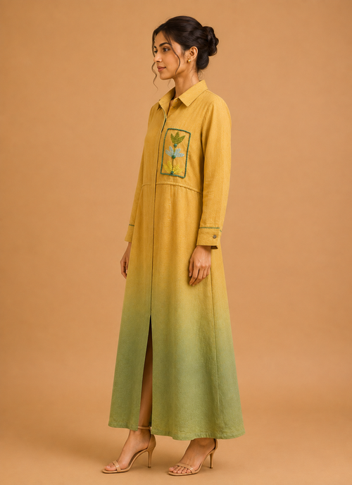 Yellow & Olive Ombré Embroidered Dress