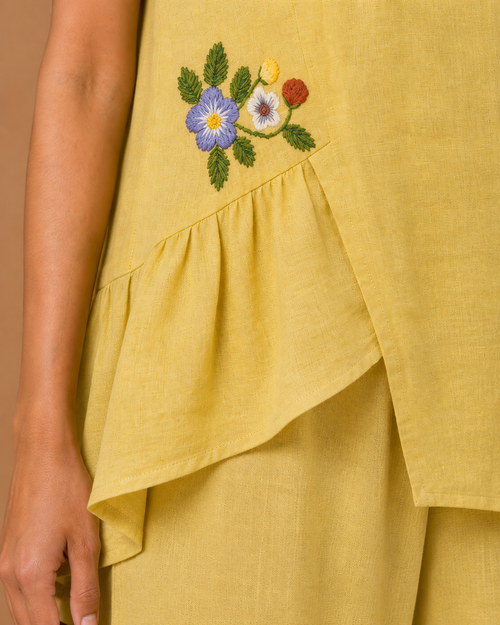 Yellow Floral Embroidered Asymmetric Co-Ord Set