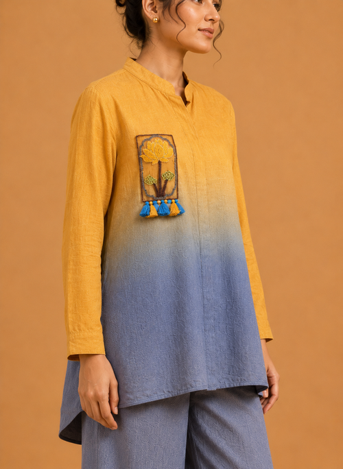 Yellow & Grey Ombré Embroidered Shirt