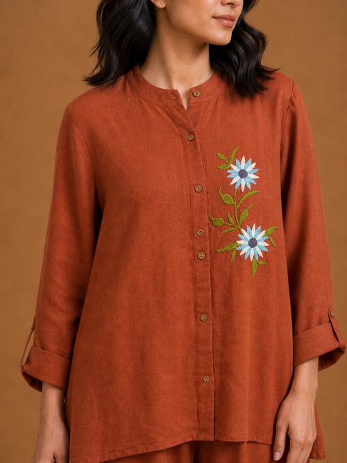 Rust Blue Floral Embroidered Co-Ord Set