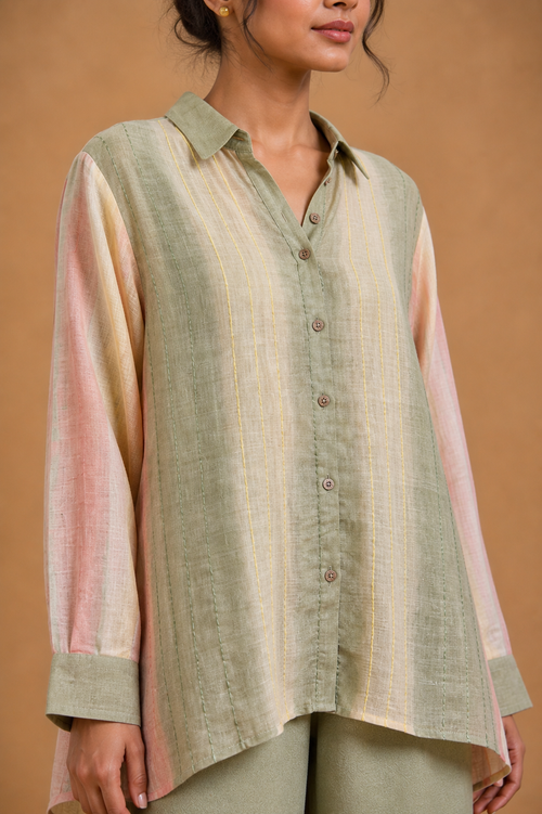 Green and Pink Stripe Embroidered Shirt