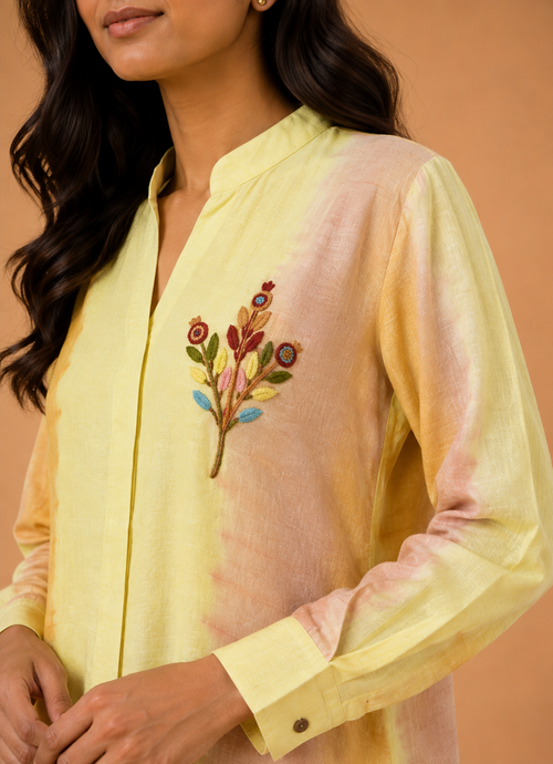 Yellow & Peach Tie-Dye Embroidered Dress