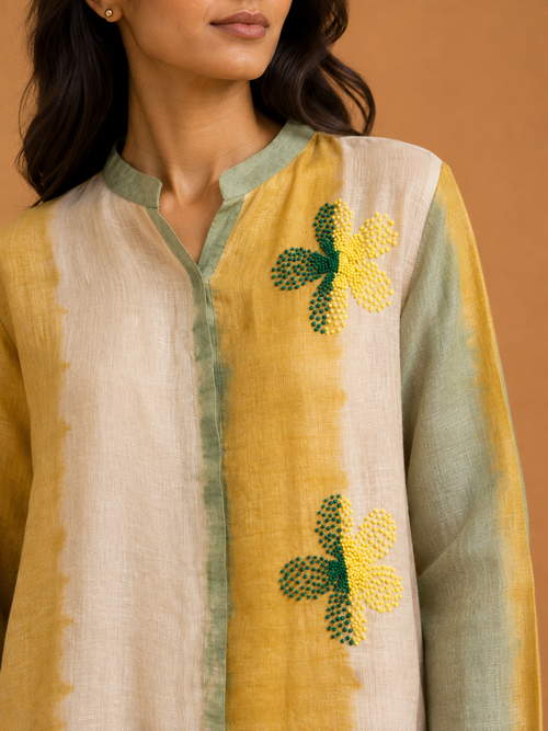 Yellow & Green Tie-Dye Embroidered Shirt