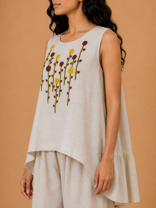 Beige Sunflower Embroidered Co-Ord Set