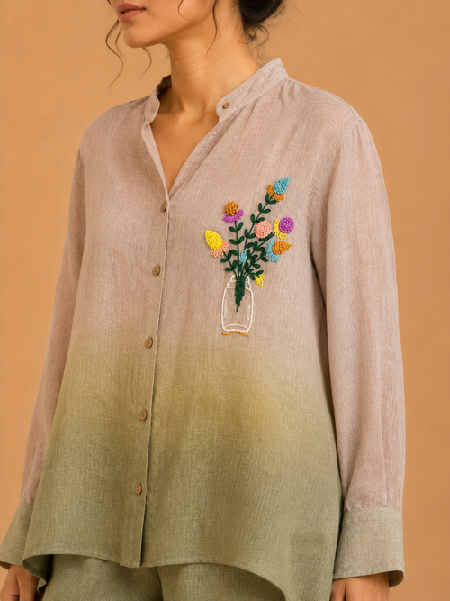 Olive Ombré Floral Embroidered Shirt