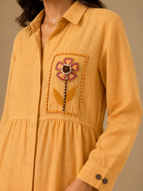 Orange Embroidered Linen Dress