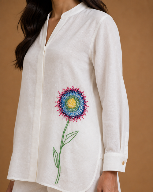 White Beaded Flower Ombré Shirt