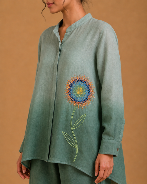 Sage Green Beaded Flower Ombré Shirt