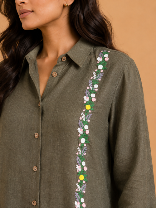 Olive Green Floral Vine Embroidered Shirt