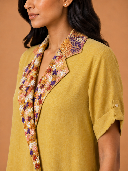 Yellow & Purple Ombré Embroidered Collar Dress