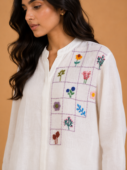 White Grid & Floral Embroidered Shirt