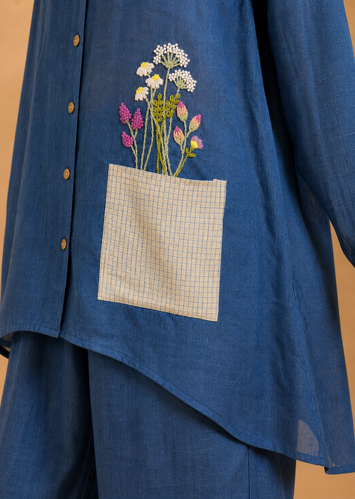 Deep Blue Wildflower Pocket Shirt