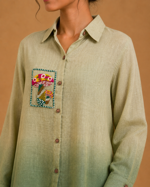 Sage Green Mushroom Embroidered Shirt