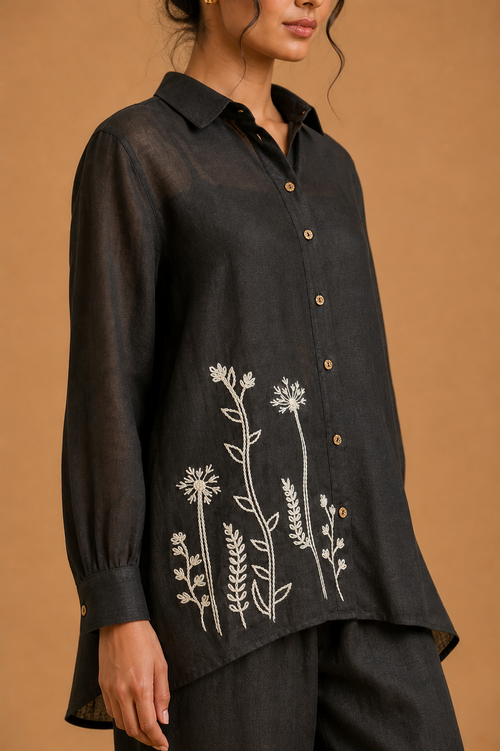Black White Floral Embroidered Shirt