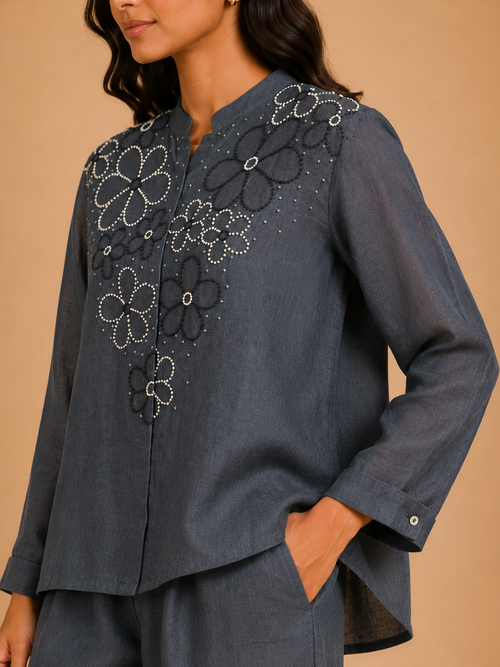 Grey Floral French Knot Co-Ord Set