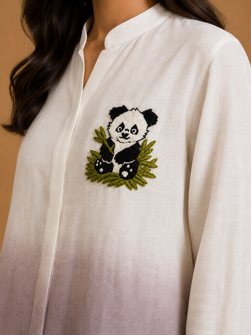White & Mauve Ombré Panda Embroidered Shirt